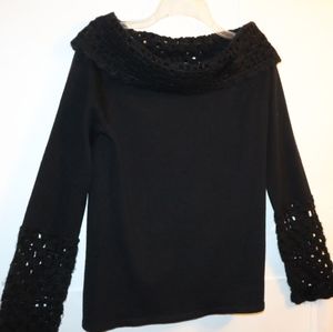 MACY'S BLACK KNIT SWEATER BLACK CROTCHET LONG-SLEEVE L